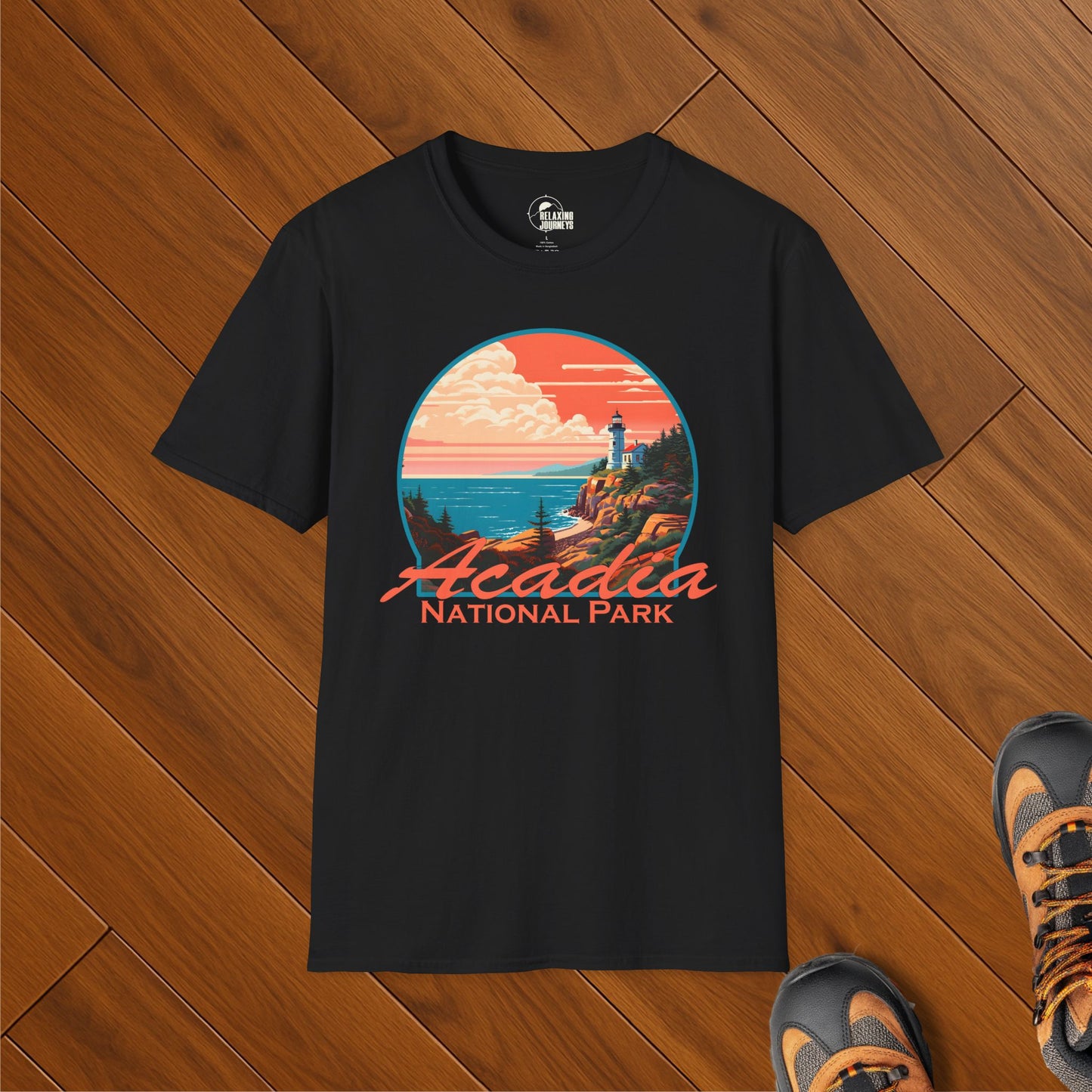Retro Acadia National Park t-shirt with coastal lighthouse and ocean cliffs design
