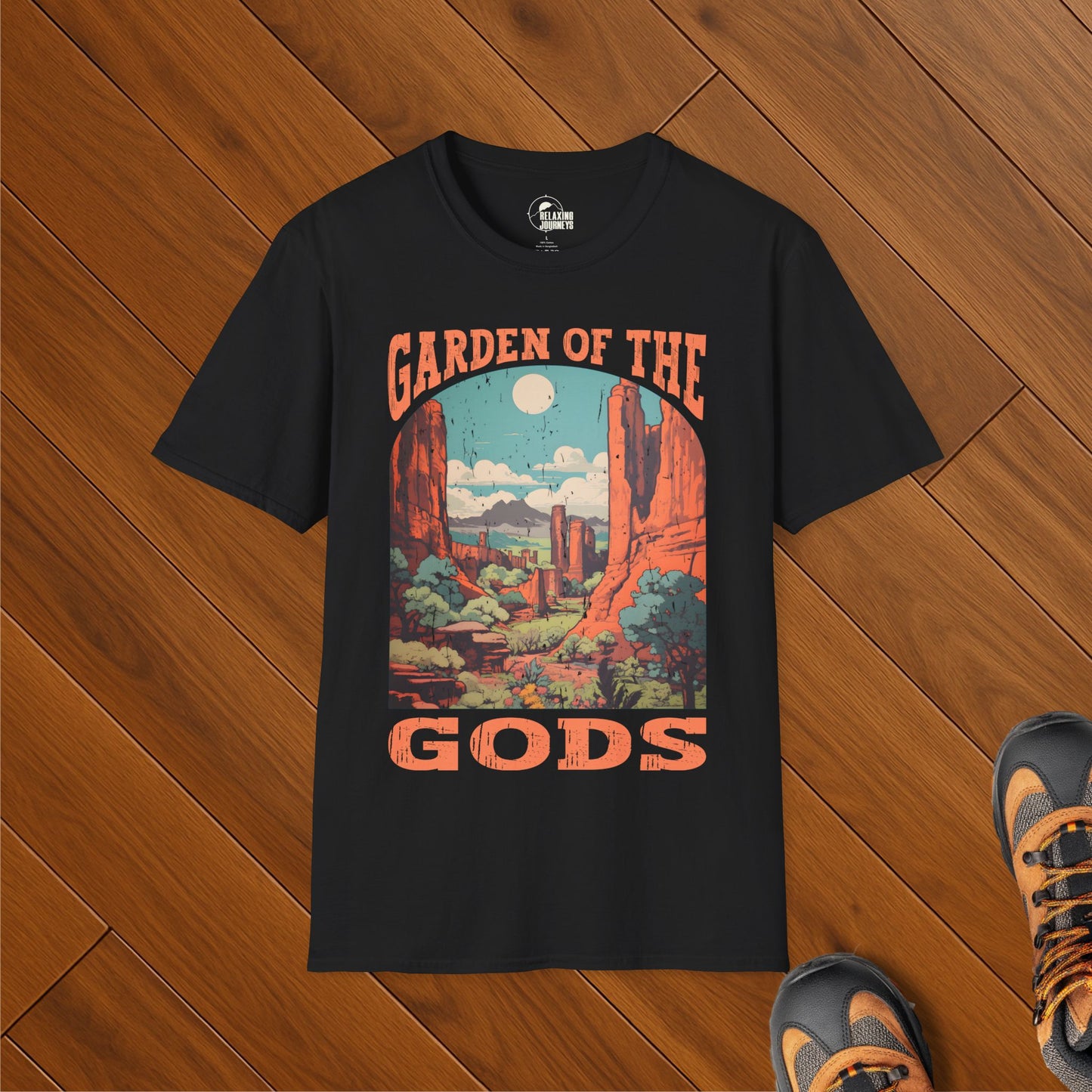 Retro Garden of the Gods t-shirt featuring red rock formations and desert landscape in Colorado Springs
