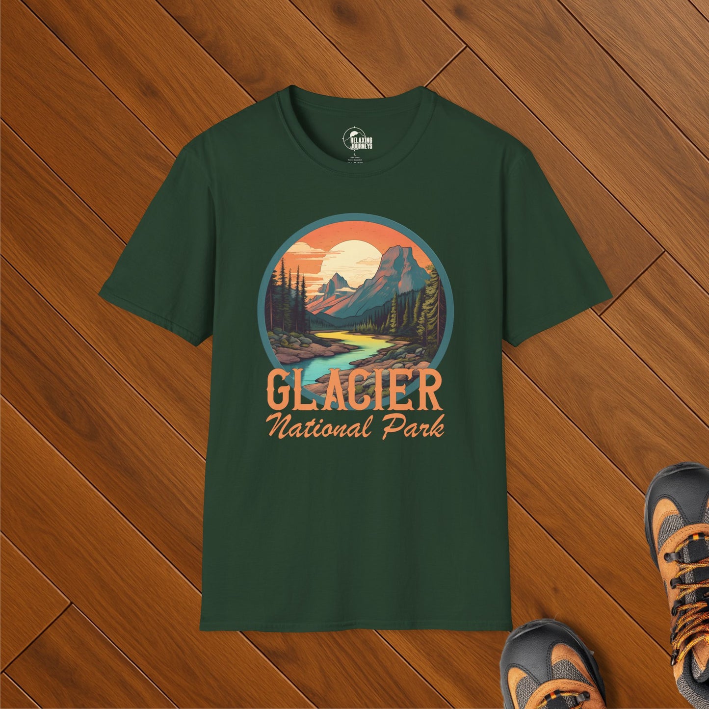 Glacier National Park retro t-shirt with circular sunset mountain design and forest lake scene
