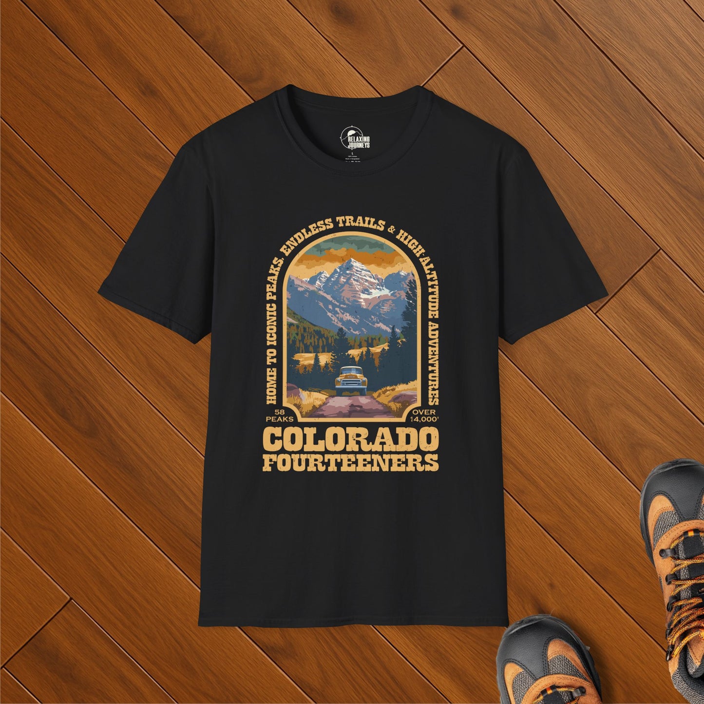Retro Colorado Fourteeners t-shirt with vintage mountain and trail scene featuring a rugged 14er and vintage SUV