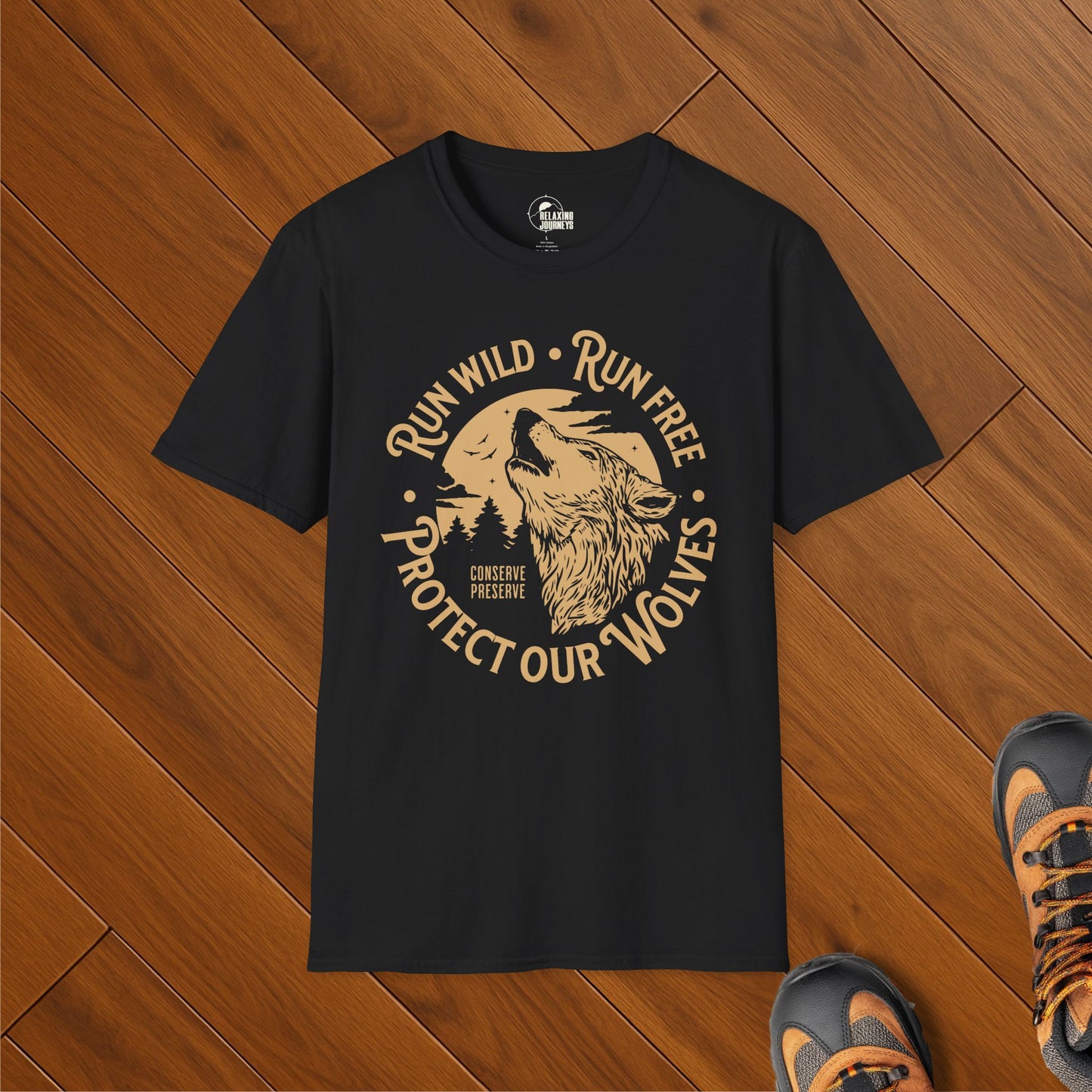 Black t-shirt with vintage-style wolf howling at the moon design and conservation message “Run Wild, Run Free, Protect Our Wolves”