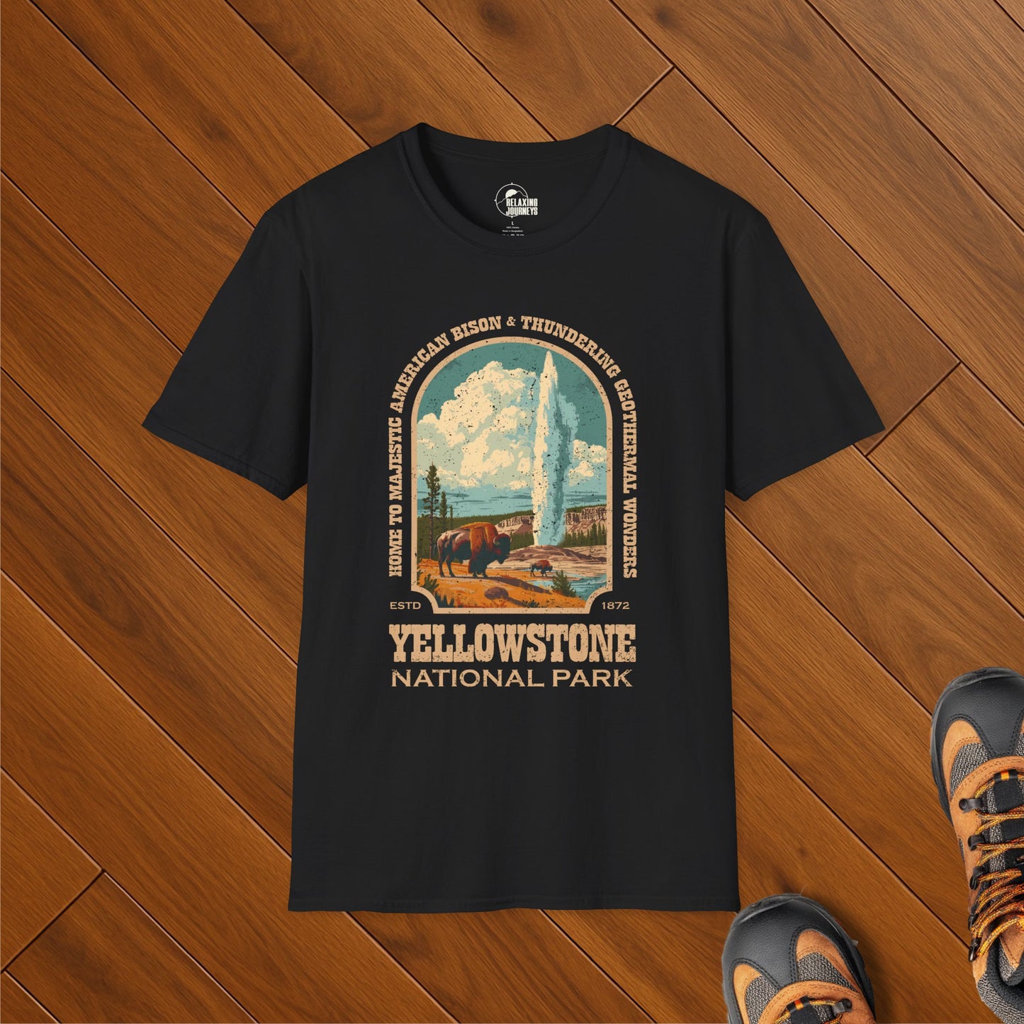 Retro Yellowstone National Park t-shirt with bison, geyser, and vintage WPA-style artwork