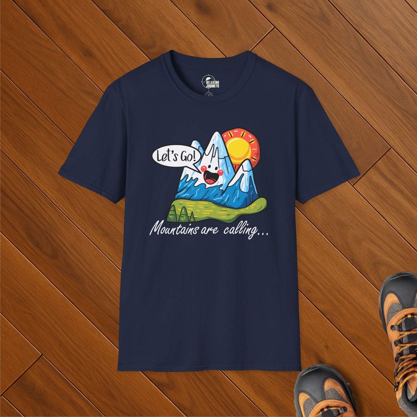 Funny hiking t-shirt with cartoon mountain, sunrise, and the phrase "Mountains are calling… Let's go!"