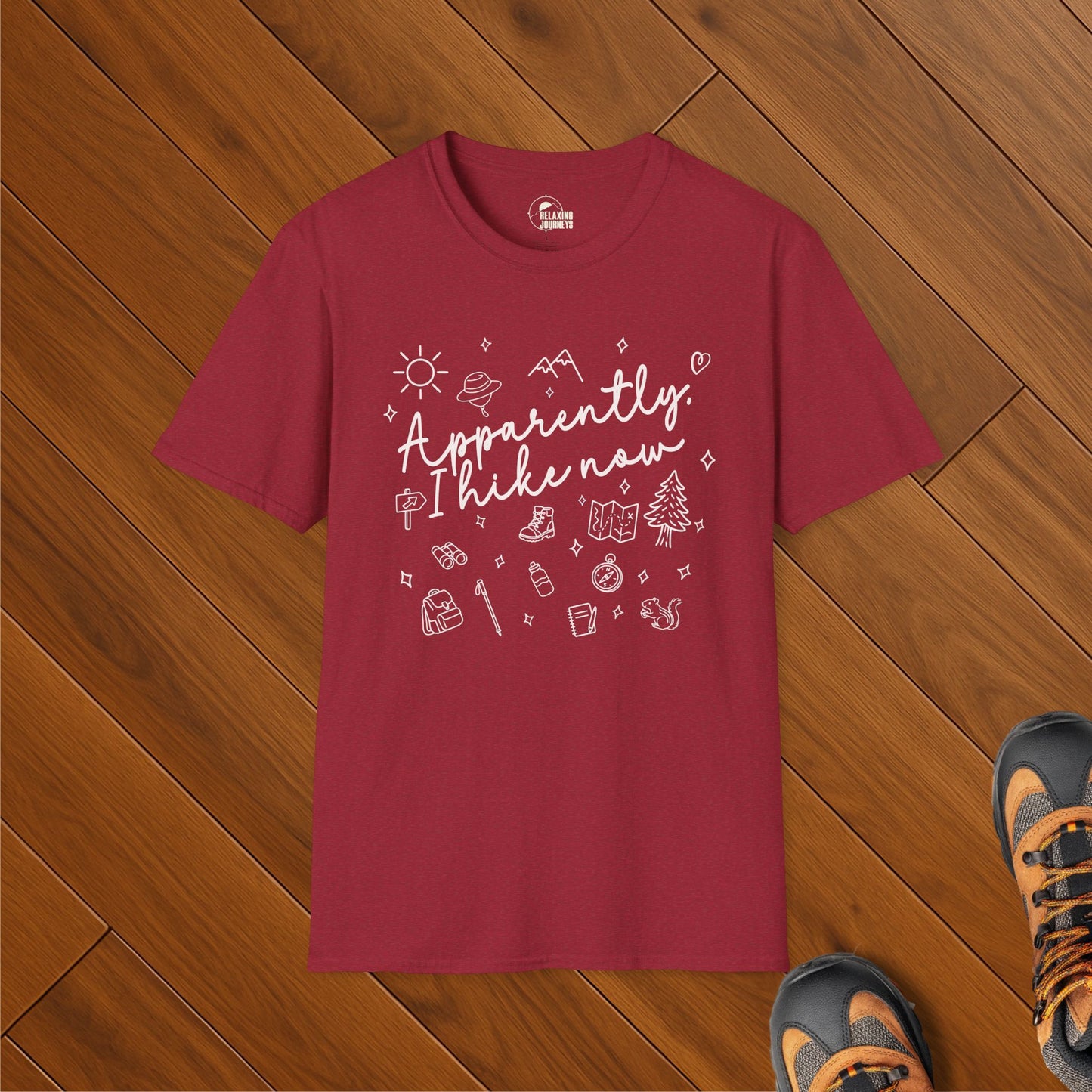 Red t-shirt with white doodle icons and hand-lettered text “Apparently, I Hike Now” – fun gift for new or soft hikers