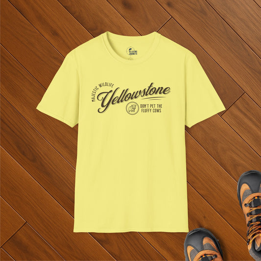 Yellow t-shirt with script “Yellowstone” text and funny warning: “Don’t Pet the Fluffy Cows” with buffalo icon
