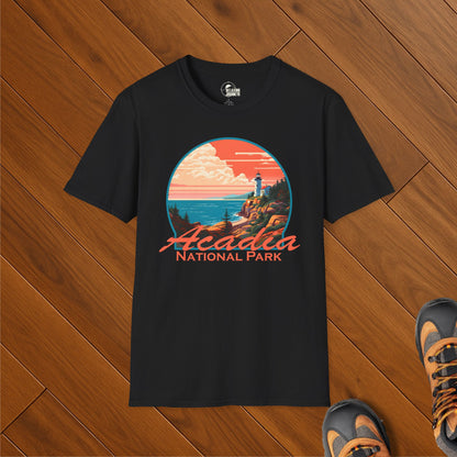 Retro Acadia National Park t-shirt with coastal lighthouse and ocean cliffs design