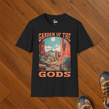 Retro Garden of the Gods t-shirt featuring red rock formations and desert landscape in Colorado Springs