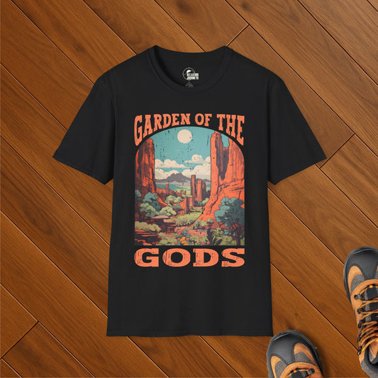 Retro Garden of the Gods t-shirt featuring red rock formations and desert landscape in Colorado Springs