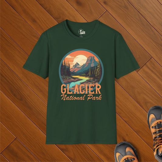 Glacier National Park retro t-shirt with circular sunset mountain design and forest lake scene