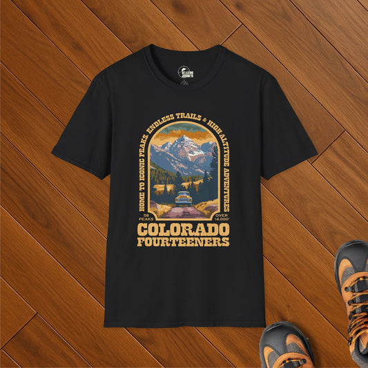 Retro Colorado Fourteeners t-shirt with vintage mountain and trail scene featuring a rugged 14er and vintage SUV