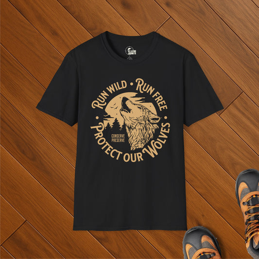Black t-shirt with vintage-style wolf howling at the moon design and conservation message “Run Wild, Run Free, Protect Our Wolves”