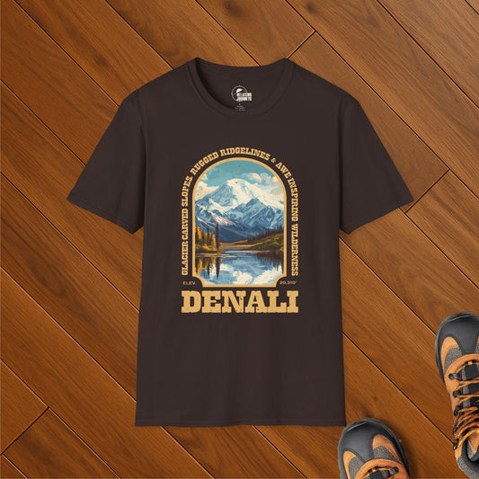 Retro Denali National Park t-shirt featuring Mount Denali and Alaskan wilderness in vintage WPA-style design