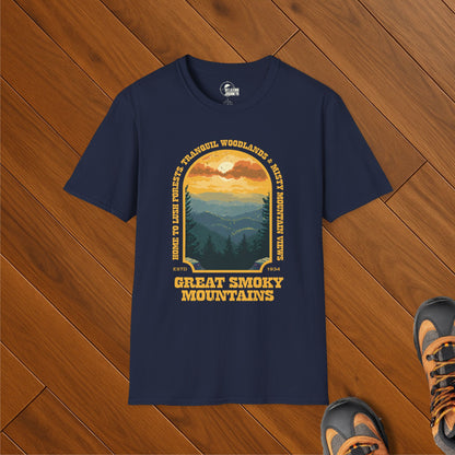 Retro Great Smoky Mountains t-shirt featuring Blue Ridge Mountain view in WPA-style design