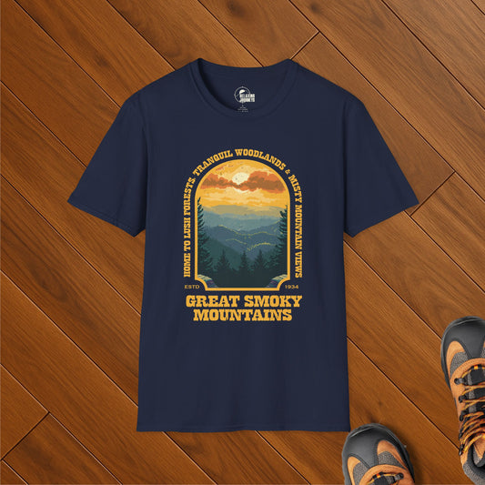 Retro Great Smoky Mountains t-shirt featuring Blue Ridge Mountain view in WPA-style design
