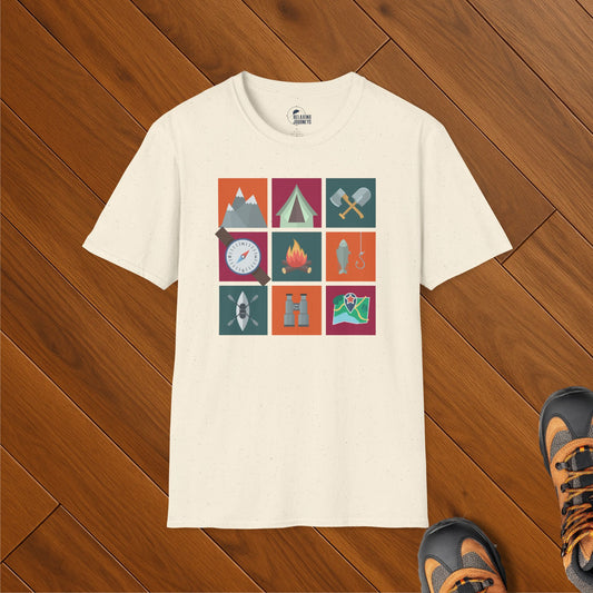 Camping t-shirt with 3x3 icon grid featuring mountains, tent, compass, fire, fishing, hiking boots, binoculars, and map