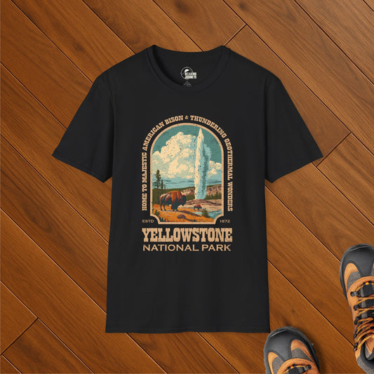 Retro Yellowstone National Park t-shirt with bison, geyser, and vintage WPA-style artwork