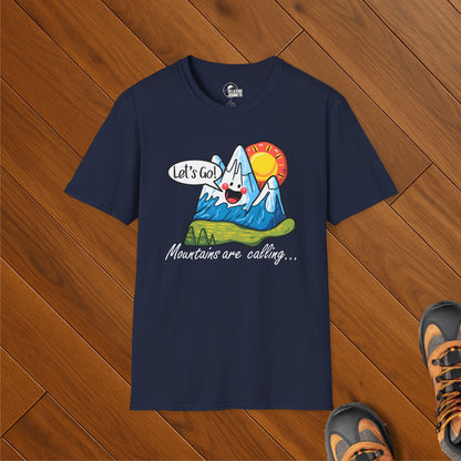 Funny hiking t-shirt with cartoon mountain, sunrise, and the phrase "Mountains are calling… Let's go!"