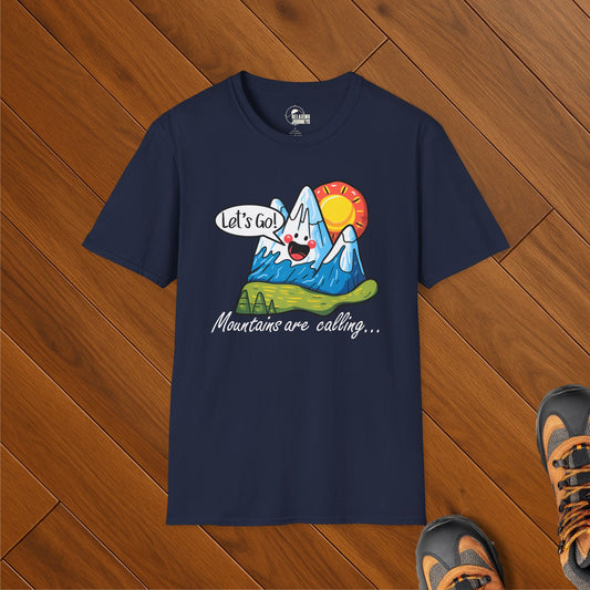 Funny hiking t-shirt with cartoon mountain, sunrise, and the phrase "Mountains are calling… Let's go!"