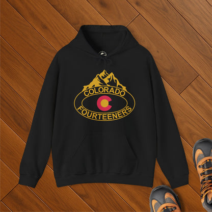 Black hoodie with Colorado flag-inspired logo and “Colorado Fourteeners” mountain graphic on front