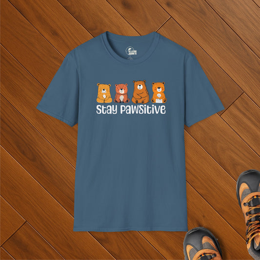 Blue t-shirt with cartoon bears and "Stay Pawsitive" mental health message in playful white font