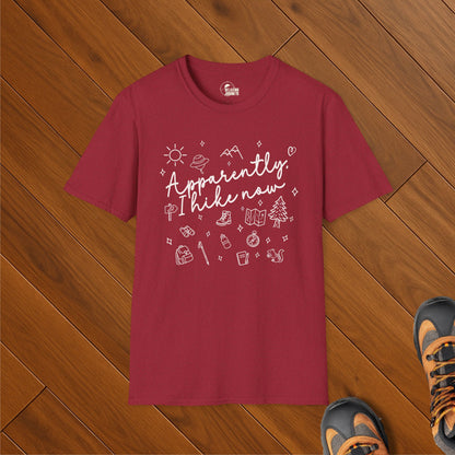 Red t-shirt with white doodle icons and hand-lettered text “Apparently, I Hike Now” – fun gift for new or soft hikers