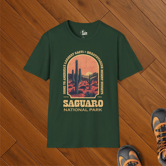 Retro Saguaro National Park t-shirt with vintage cacti sunset desert scene