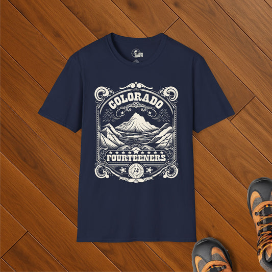 Colorado Fourteeners t-shirt with vintage whiskey label design featuring mountain peaks and compass