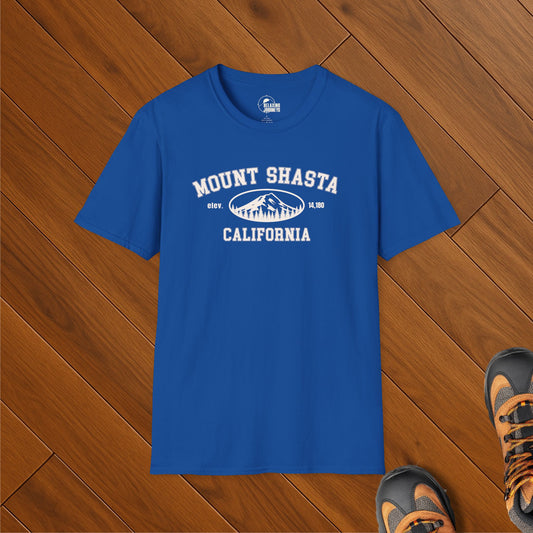 Royal blue t-shirt with white university-style text that says Mount Shasta California and a simple mountain illustration