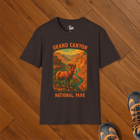 Dark brown t-shirt with vintage illustration of a bighorn sheep standing at the edge of the Grand Canyon with the Colorado River winding below