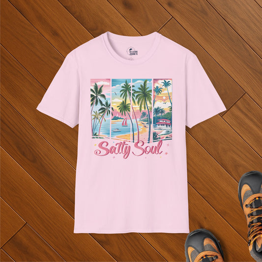 Light pink t-shirt with retro tropical beach artwork and script text “Salty Soul” for ocean lovers