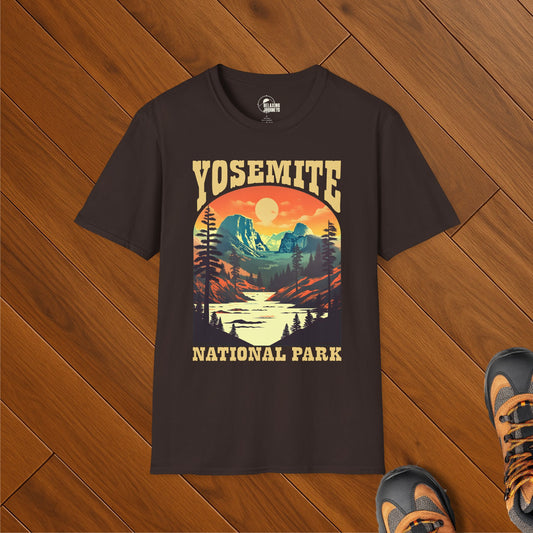 Retro Yosemite National Park t-shirt with sunset view of Half Dome and pine trees