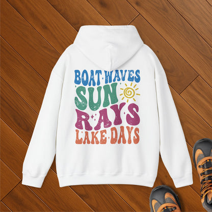 White hoodie with colorful retro text reading "Boat Waves Sun Rays Lake Days" – perfect gift for lake and boat lovers