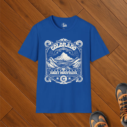 Colorado Rocky Mountains t-shirt with white vintage whiskey label design on blue background
