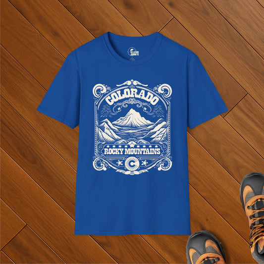 Colorado Rocky Mountains t-shirt with white vintage whiskey label design on blue background