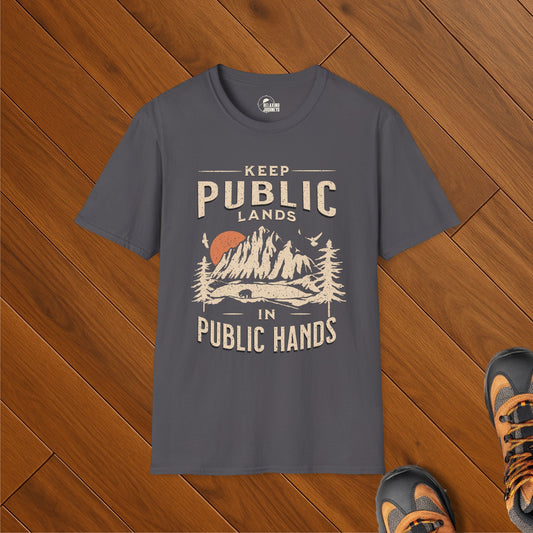 Vintage-style protest t-shirt with mountain scene and text "Keep Public Lands in Public Hands"